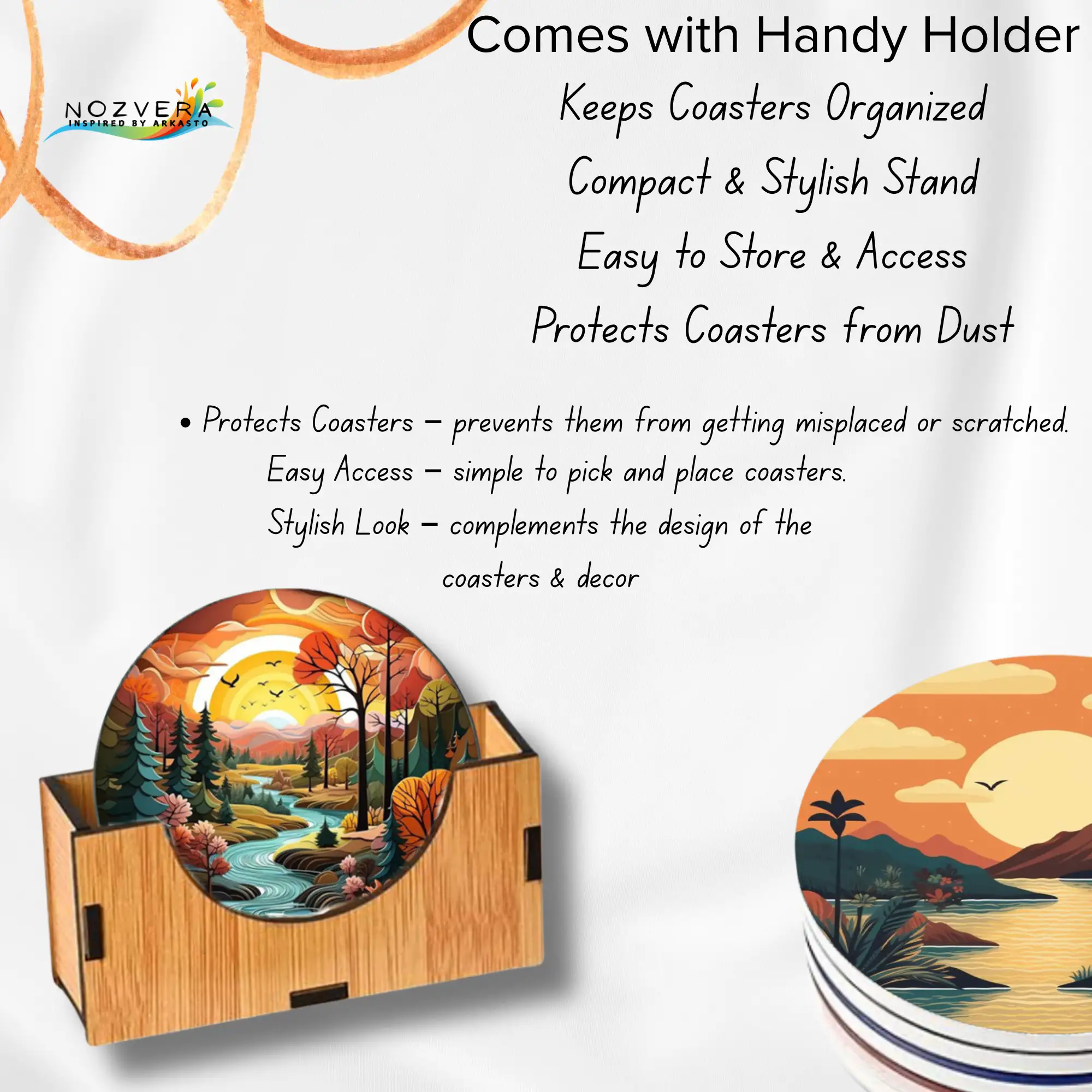 Wooden MDF Golden Hour Scenic Landscape Tea Coasters with Stand (Pack of 5, 3.5 Inch - Image 8