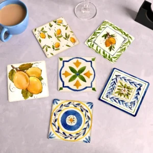 Wooden MDF Amalfi Lemon & Mediterranean Watercolor Square Tea Coasters with Stand (Pack of 6, 3.5 Inch)