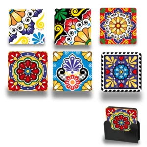 Wooden MDF Talavera & Sicilian Pop Floral Square Tea Coasters with Stand (Pack of 6, 3.5 Inch)