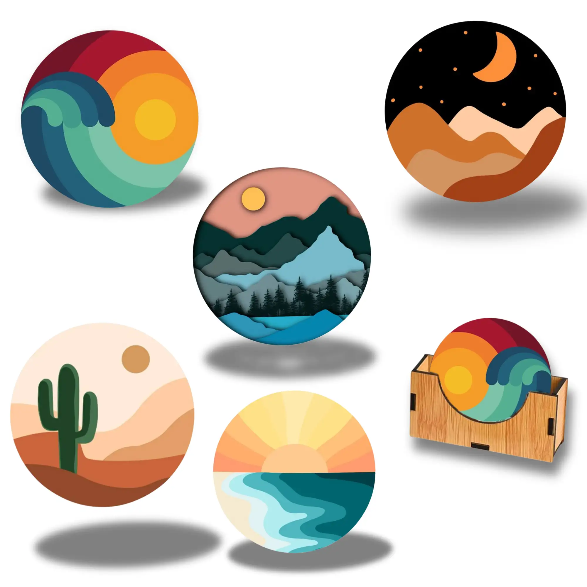 Wooden MDF Celestial Day & Night Landscape Tea Coasters with Stand (Pack of 5, 3.5 Inch) - Image 6