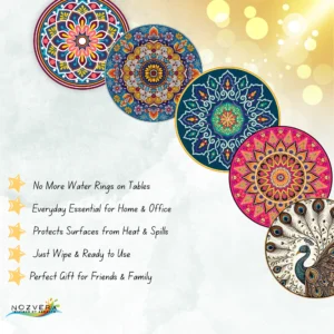 Handcrafted Eco-Friendly Wooden MDF Mandala & Peacock Tea Coasters with Stand (Pack of 5, 3.5 Inch)