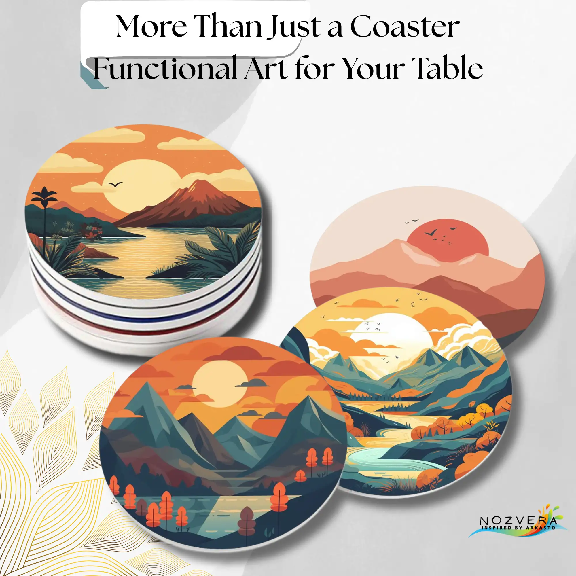 Wooden MDF Golden Hour Scenic Landscape Tea Coasters with Stand (Pack of 5, 3.5 Inch