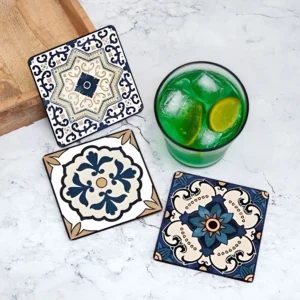 Wooden MDF The Jaipur Blue Pottery Neel Gadi Coasters with Stand (Set of 6, 3.5 Inch)