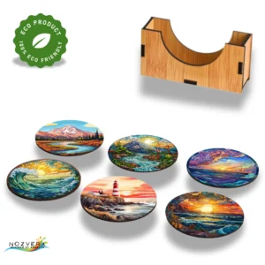 Wooden MDF Stained Glass Coastal & Mountain Landscape Tea Coasters with Stand (Pack of 5, 3.5 Inch)