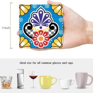 Wooden MDF Royal Haveli Fresco Floral Square Tea Coasters with Stand (Pack of 6, 3.5 Inch)