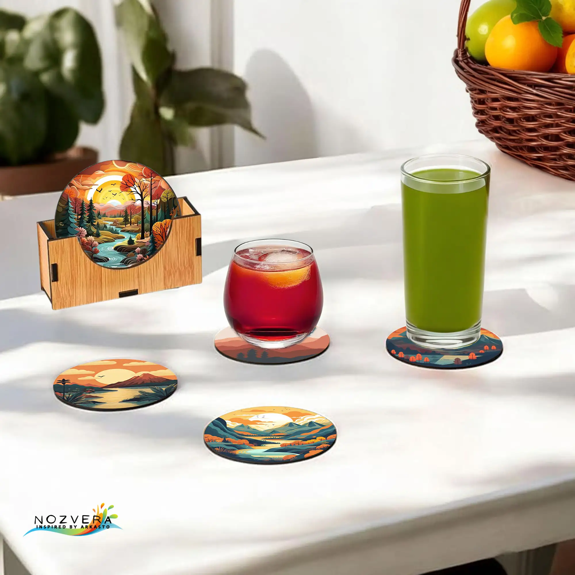 Wooden MDF Golden Hour Scenic Landscape Tea Coasters with Stand (Pack of 5, 3.5 Inch - Image 4