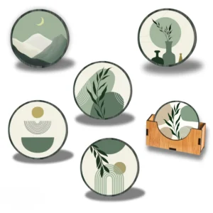 Wooden MDF Minimalist Boho Botanical Tea Coasters with Stand (Pack of 5, 3.5 Inch)