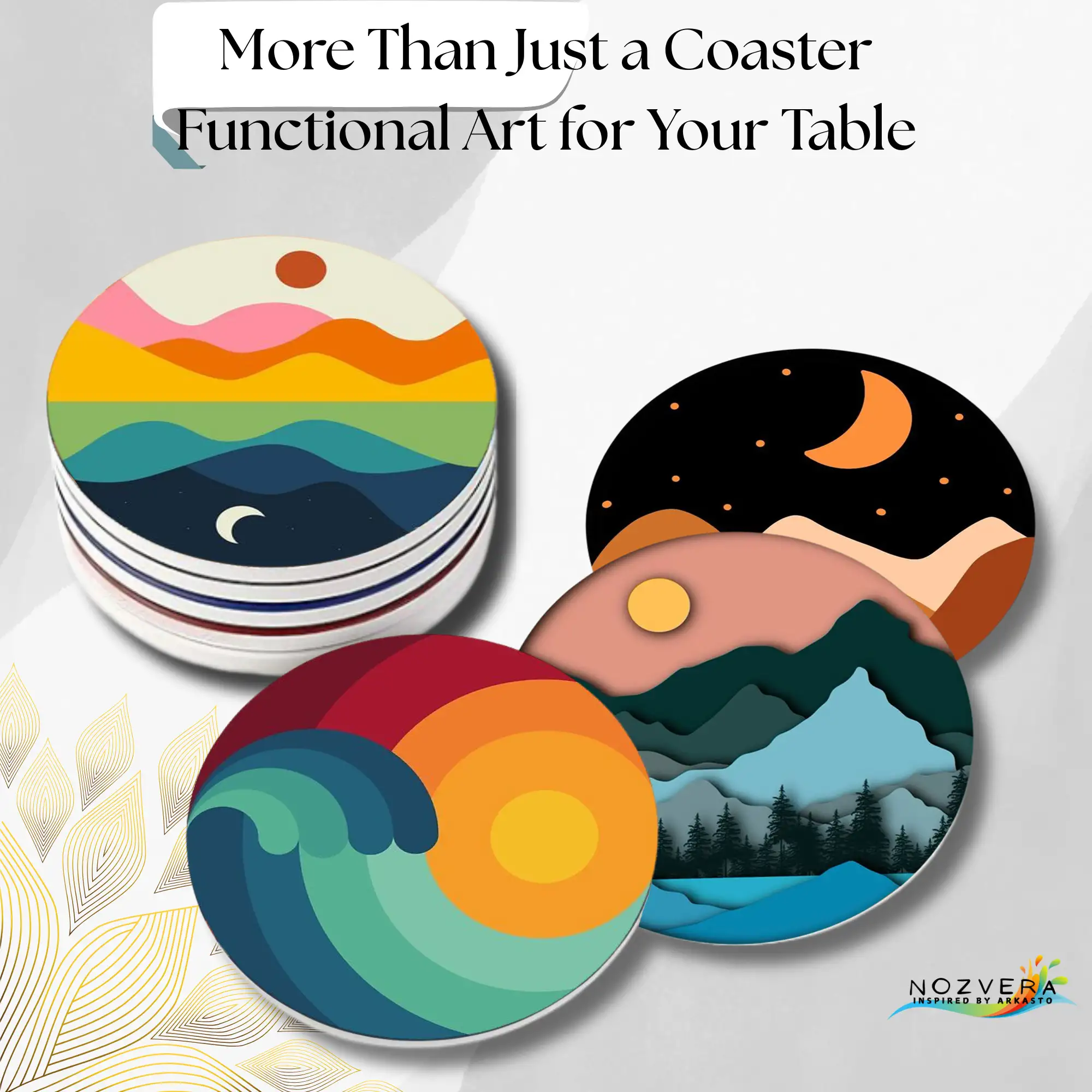 Wooden MDF Celestial Day & Night Landscape Tea Coasters with Stand (Pack of 5, 3.5 Inch) - Image 5