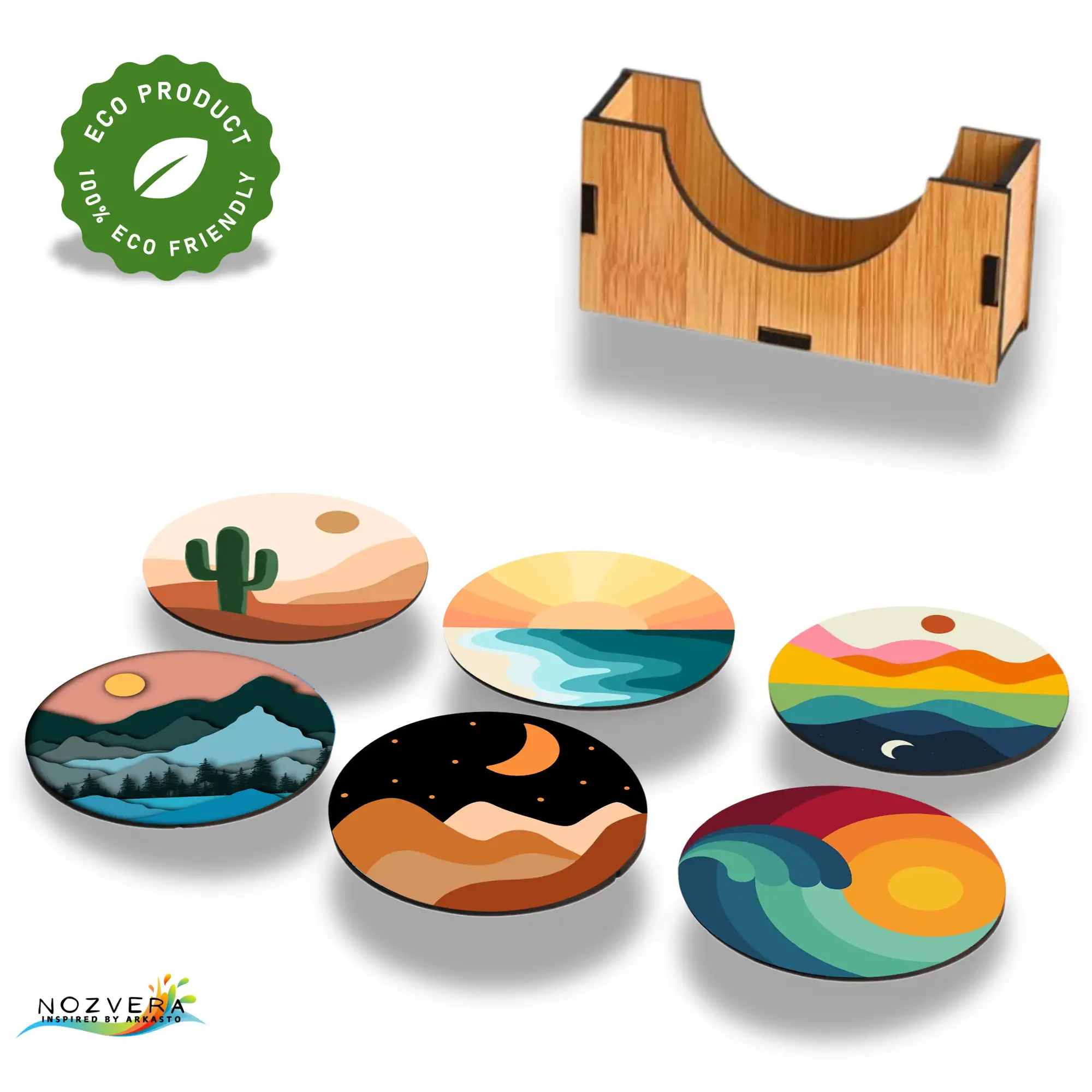 Wooden MDF Celestial Day & Night Landscape Tea Coasters with Stand (Pack of 5, 3.5 Inch) - Image 3