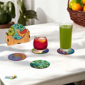 Wooden MDF Yin Yang Mandala & Sacred Nature Coasters with Stand (Pack of 5, 3.5 Inch) – Tabletop Art