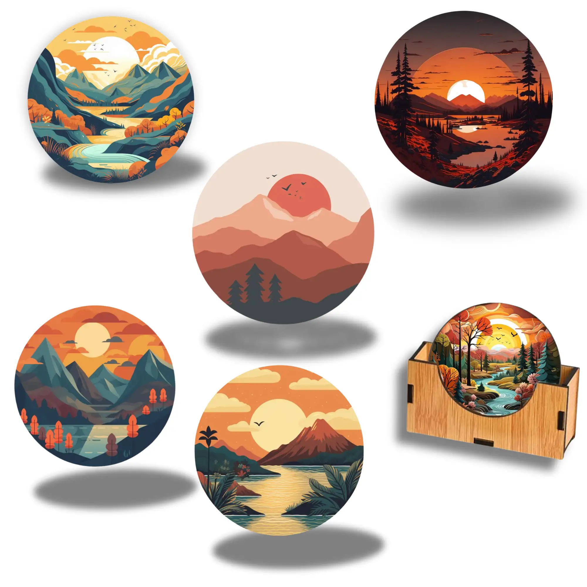 Wooden MDF Golden Hour Scenic Landscape Tea Coasters with Stand (Pack of 5, 3.5 Inch - Image 3