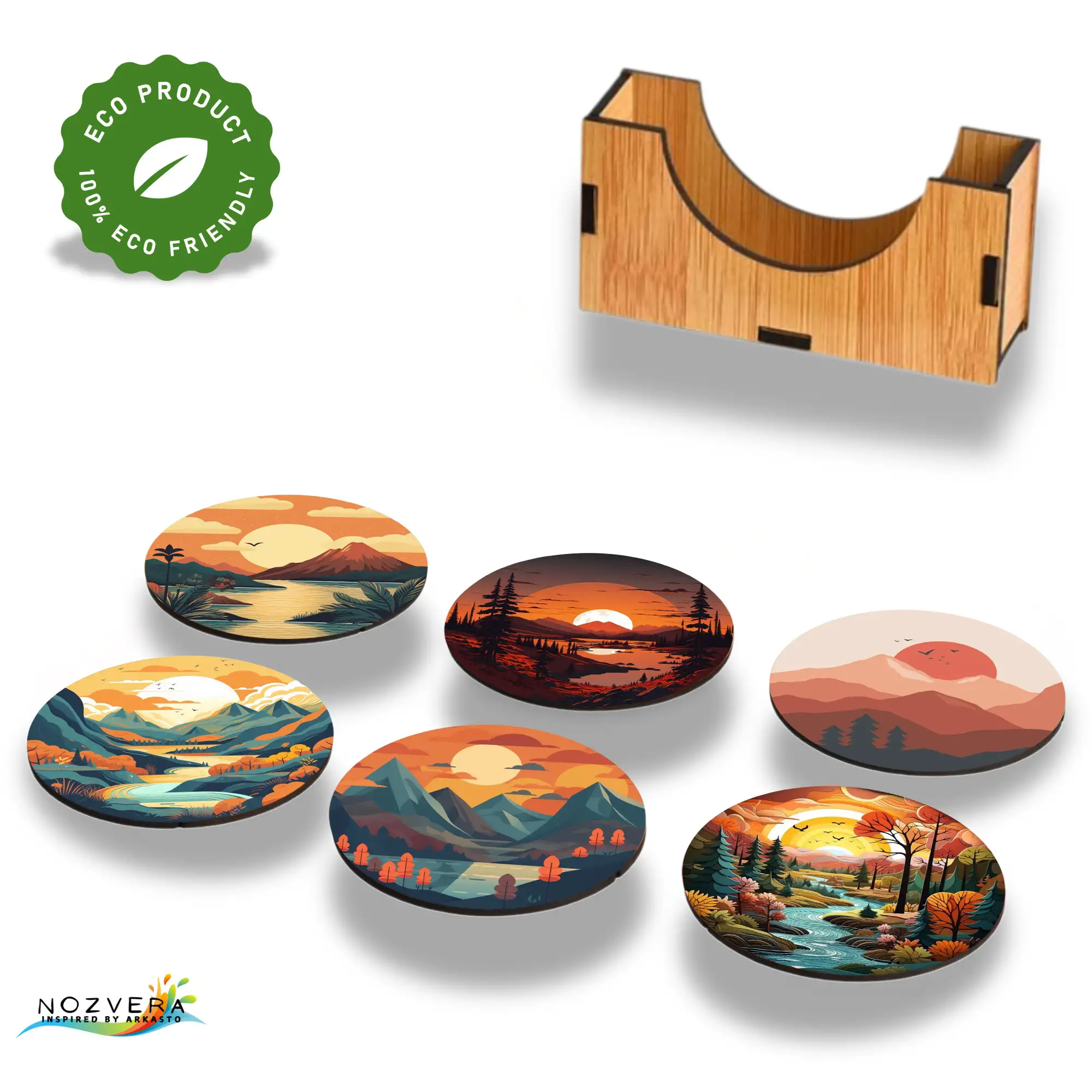 Wooden MDF Golden Hour Scenic Landscape Tea Coasters with Stand (Pack of 5, 3.5 Inch - Image 5